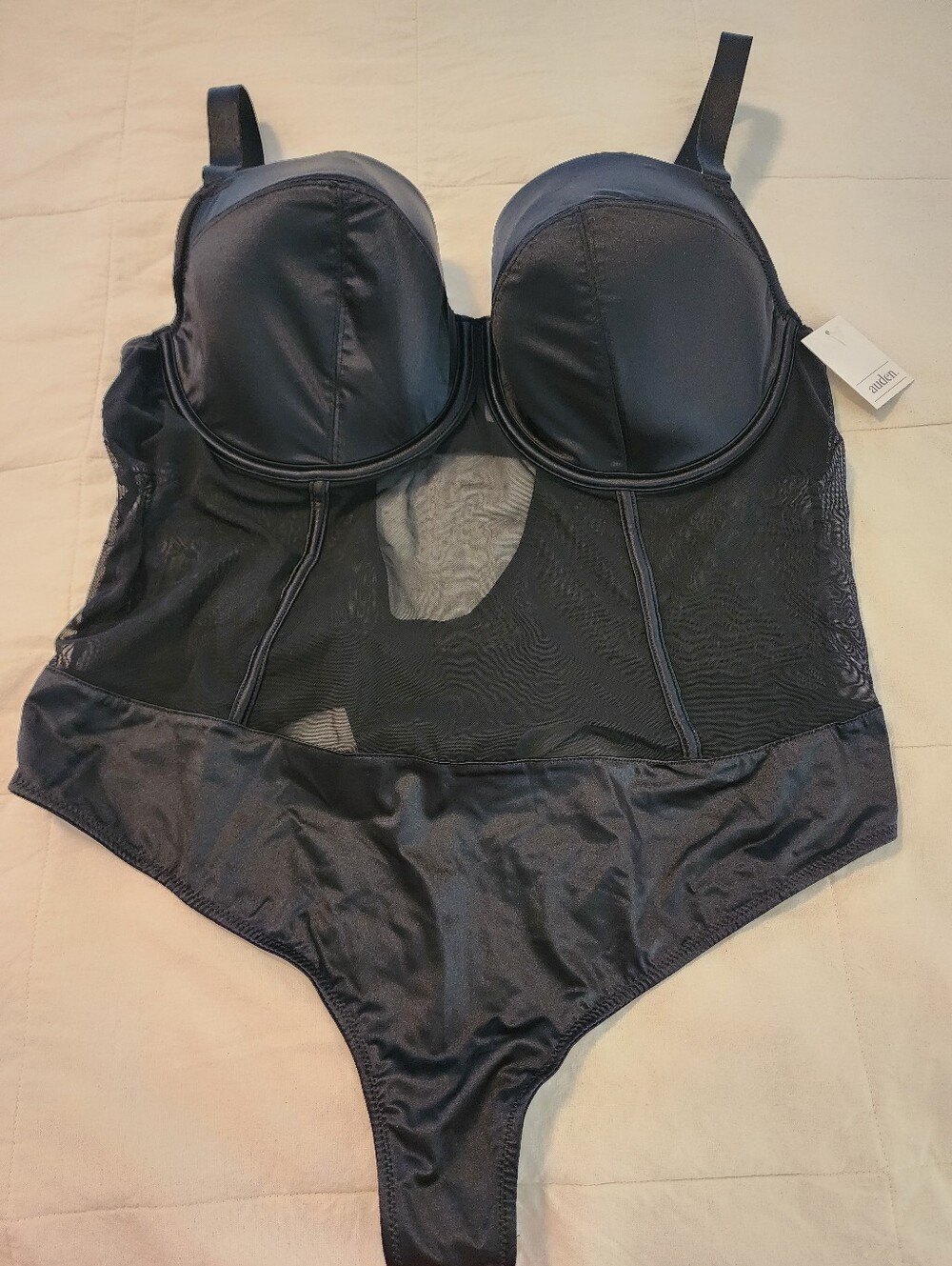 Arden NWT 1X Black Lace-Panel Satin Mesh Bodysuit Underwire Support Thong Back